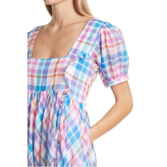 LoveShackFancy S Malibu Dream Plaid Kimball Midi Dress 100% Cotton Blue Pink - Picture 9 of 9
